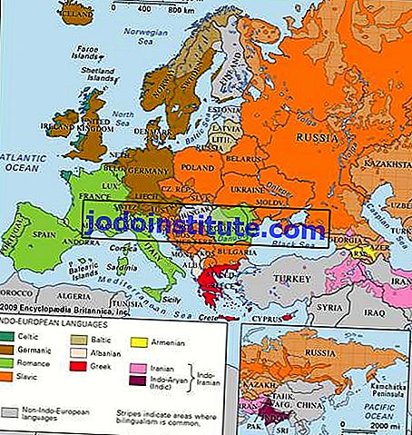 現代ユーラシアにおけるインドヨーロッパ言語のおおよその位置。