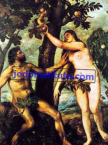 Адам и Ева в Райската градина, маслена живопис от Тициан, c. 1550; в Прадо, Мадрид.