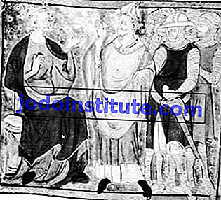 Henry II (kiri) berselisih dengan Thomas Becket (tengah), miniatur dari naskah abad ke-14; di British Library (Kapas MS. Claudius D.ii).