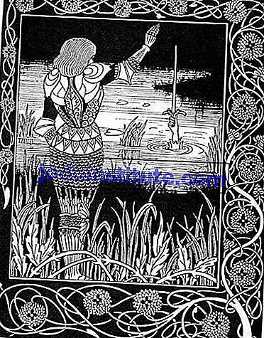 Sir Bedivere mengembalikan Excalibur, pedang Arthur, ke danau dari mana asalnya, ilustrasi oleh Aubrey Beardsley untuk edisi Le Morte Darthur karya Sir Thomas Malory.