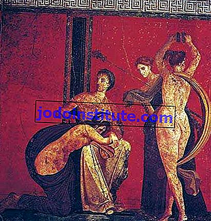 Дионисиачески обреди за посвещение и предбрачни изпитания на булка, рисуване на стена, c. 50 bce; във вилата на мистериите, Помпей, Италия.