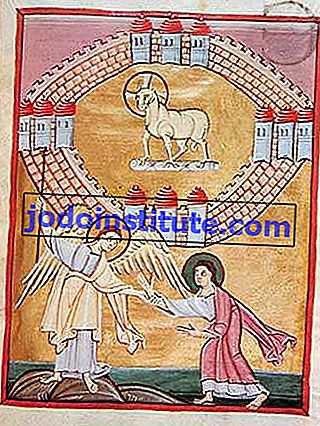 Malaikat menunjukkan kepada Yohanes Yerusalem yang surgawi, iluminasi naskah dari Wahyu kepada Yohanes, c. 1020; di Staatsbibliothek di Bamberg, Jerman.