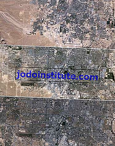 1984'te Las Vegas'ın batı kısmının Landsat 5'i (üstte), 1999 (ortada) ve 2009'da (altta) çekilen görüntülerin mozaiği.
