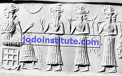 Ea（座）と付添の神々、シュメールの円柱封印、c。 2300 bc; ニューヨークのピアポントモーガン図書館で。