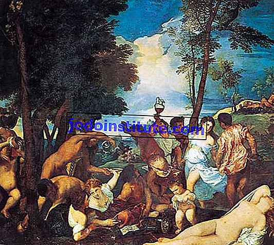アンドリアンのバッカナル、ティツィアーノのキャンバスに油彩、c。 1523–26; プラド、マドリードで。