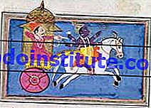 ヴィシュヌのアバターであ​​るヒンドゥー教の神クリシュナは、叙事詩「マハーバーラタ」の英雄であるアルジュナを引く馬に乗っていました。 17世紀のイラスト。